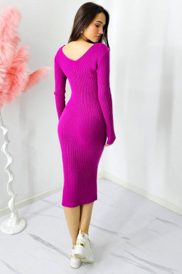 Rochie bodycon Mina, tricot cu casmir, decolteu si nervuri in relief, Mov electric 3