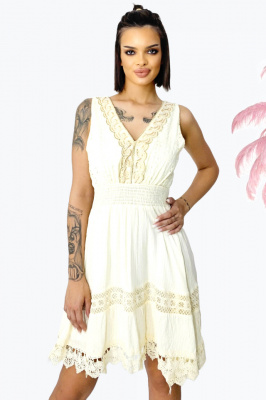 Rochie brodata Boema, cu dantela si elastic in talie, Alb unt, Marime S/M/L 2