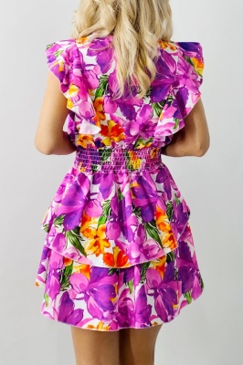 Rochie cu imprimeu floral Cezarina, croi scurt si volane, Mov, Marime S/M 3