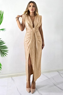 Rochie de ocazie cu cristale JHOSY si decolteu adanc, Crem, Marime S/M