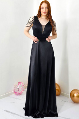 Rochie de ocazie Leontina, cu textura satinata si cristale artizanale, Negru 3