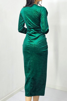 Rochie de ocazie Odette, cu crapatura medie si decolteu adanc, Verde, Marime M/L 1