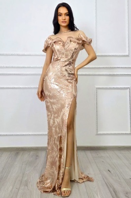 Rochie de seara Velary, croială sirenă cu linie couture si paiete, AURIU