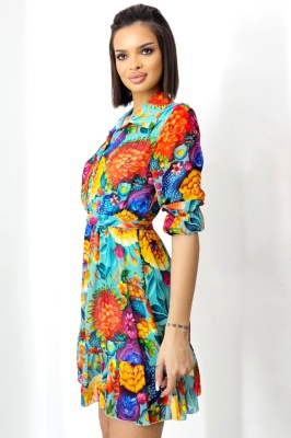 Rochie de vara Kasiana, cu maneca trei sferturi si imprimeu floral, Turquoise Dahlia, Marime S/M/L 1