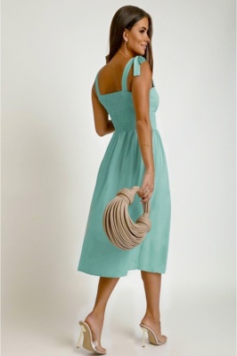 Rochie de vara MYA Masha, cu bretele legate funda si imprimeu uni, Verde Menta, Marime S/M spate