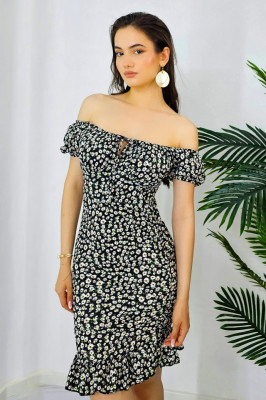 Rochie de vara Ofelia, bodycon, cu volanase si maneci bufante, Negru1