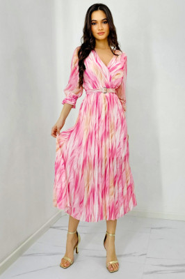 Rochie de zi Fatima, croiala plisata si imprimeu pastelat, Roz, Marime S/M 5