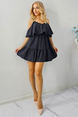 Rochie de zi StefANA, croiala scurta, decupata, cu volane, Negru, Marime S/M/L 2