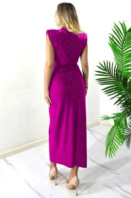 Rochie eleganta cu cristale JHOSY si decolteu adanc, Fucsia