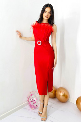 Rochie eleganta din bumbac, Naisha, cu pene naturale si crapatura laterala, Rosu 2
