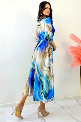 Rochie evazata LORY, cu imprimeu royal si curea metalica, Gold Blue lateral