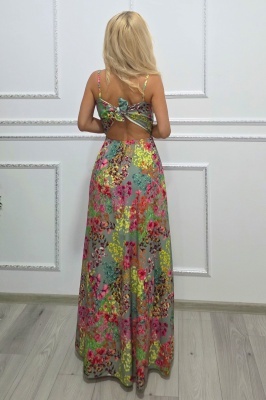 Rochie lunga Camelea, imprimeu floral, spatele gol si funda, GREEN Pastel Bouquet, Marime S/M detaliu spate