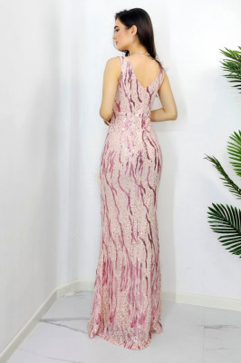 Rochie lunga Greta, cu paiete, puf si detalii florale in relief, Roz pudrat3