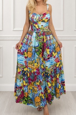 Rochie lunga de vara Melania, multicolora, cu cupe buretate albastru