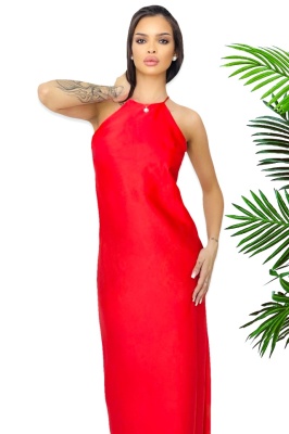 Rochie lunga satinata Priscilla, cu spatele gol si croiala halter, Rosu, Marime S/M 2