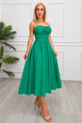 Rochie midi Ariella, cu bretele reglabile si tesatura crinkle, Verde, Marime S/M