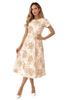 rochie dama bej cu imprimeu floral si curea
