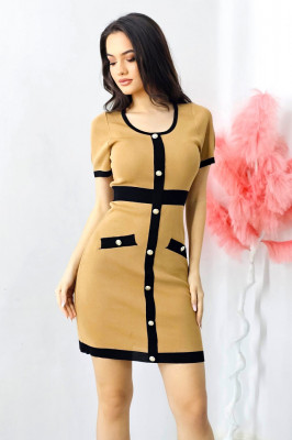 Rochie office Diana, tricot, cu buzunare decorative si maneca scurta, Crem, Marime S/M 2