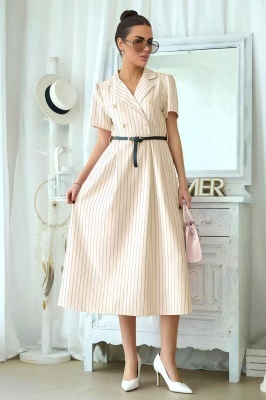 Rochie office Mireya, cu imprimeu pinstripe si curea, Crem, Marime S/M