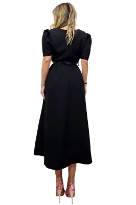 Rochie office SOREYA, cu maneca scurta si croi bufant, Negru Uni, Marimea S/M