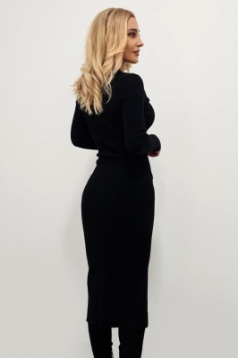 Rochie tricotata Kadira, bodycon, material texturat cu nasturi decorativi, Negru, Marime universala poze spate