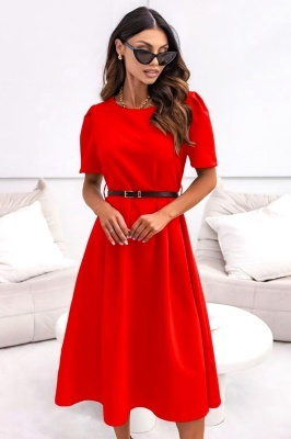 Rochie office ZALIA, croi bufant si curea subtire, Rosu, Marimea S/M