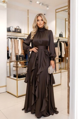 Rochie pentru evenimente Marivelle, cu volane si insertii lurex, Maro Ciocolata, Marime S/M