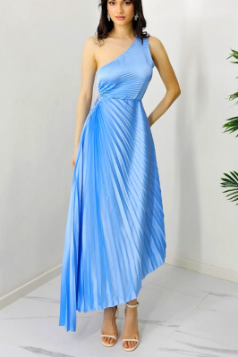 Rochie plisata asimetrica Elza, cu decupaj in zona taliei, Albastru baby blue, 2