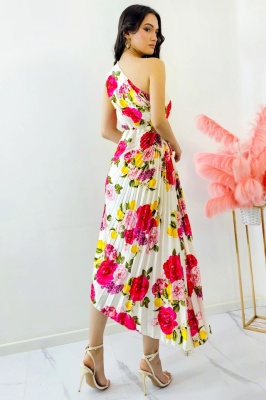 Rochie plisata asimetrica Elza Print, cu decupaj in zona taliei si imprimeu cu lămâi, Lemon Rose, Marime S/M spate