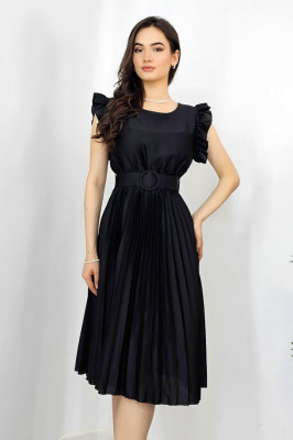 Rochie plisata midi, Elenor, cu volanase si curea asortata, Negru, Marime universala S/M1