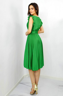 Rochie plisata midi, Elenor, cu volanase si curea asortata, Verde deschis, Marime universala S/M2