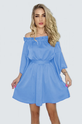 Rochie satin Lorenna, cu maneci/decolteu oversize si aspect vaporos, Albastru deschis, Marime universala S/M1