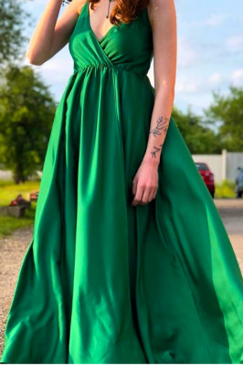 Rochie satinata Jhade, croiala decupata, cordon si bretele subtiri, Verde inchis, Marime S/M 2