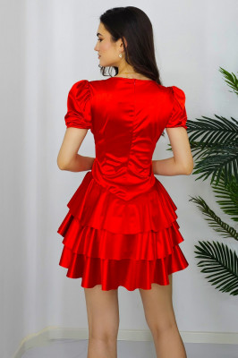 Rochie satinata Thora, cu volane si maneci scurte usor bufante, Rosu, Marimea S/M3