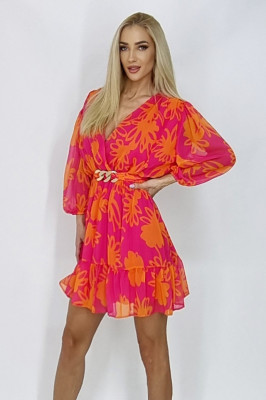 Rochie scurta Anemone, cu maneca trei sferturi si cordon stilizat, Orange1