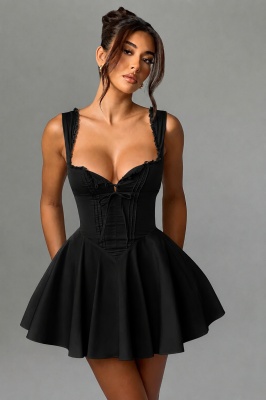 Rochie scurta babydoll SELVIA, cu nasturi si croi corsetat reglabil, NEGRU, Marime S/M