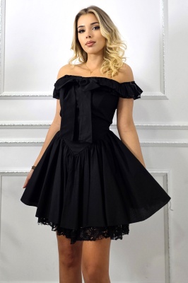 Rochie scurta babydoll VYVYE, cu volane si dantela, Negru, Marime S/M
