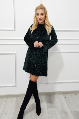 Rochie scurta de seara Tamina, cu paiete si fundita oversize la spate, Verde inchis, Marime S/M/L