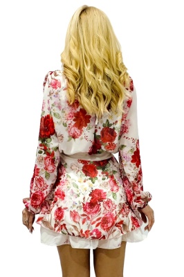 Rochie scurta de zi cu imprimeu floral si trandafiri rosii verso