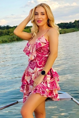 Rochie scurta KATYS, cu imprimeu si volane asimetrice, Magenta, Marime S/M 2