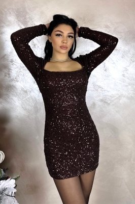 rochie mini ciocolata glamour cu paiete sidefate