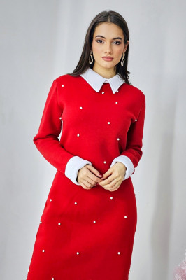 Rochie vatuita de zi, Spell, cu revere si perle artizanale, Rosu  4
