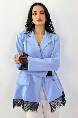 Sacou elegant Maelis, cu dantela si cusaturi de contur, Baby Blue, Marime S/M