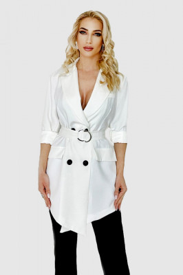 Sacou lung Petta, croiala asimetrica, cordon asortat si buzunare decorative, Alb, Marime universala S/M/L1