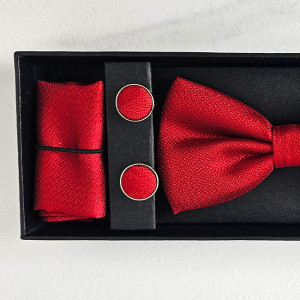 Set 3 piese Gentleman, pentru barbati, papion, buton si batista din stofa, Rosu 2