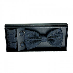 Set 3 piese Mistery, pentru barbati, papion, butoni si batista din stofa, negru cu imprimeu 2
