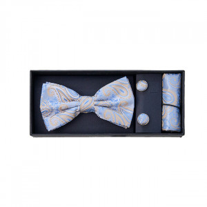 Set 3 piese Mistery, pentru barbati, papion, butoni si batista din stofa, bleu, cu imprimeu auriu deschis, MS103