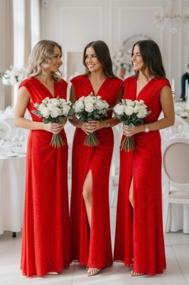 Set 4x Rochie de ocazie decoltata JHOSY, cu paiete, Rosu, Marime S/M