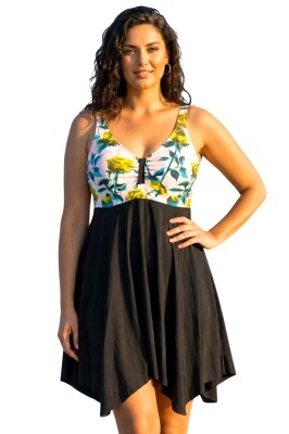 Rochie asimetrica de plaja ELARIS, cu bretele reglabile, Marimi Mari - Batal, Yellow Roses detaliu