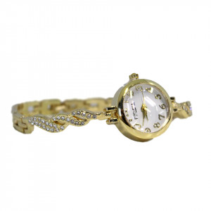 Set elegant Francesca di Geneva, cu ceas metalic, aspect floral si doua bratari asortate din inox, Auriu